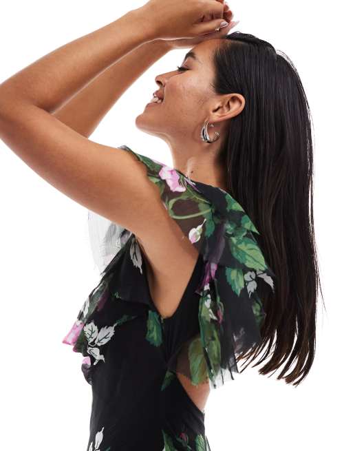 ASOS DESIGN cowl neck frill sleeve ruffle midi dress in black based floral print, 2 of 4