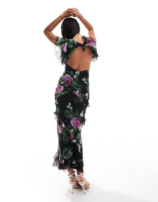ASOS DESIGN cowl neck frill sleeve ruffle midi dress in black based floral print