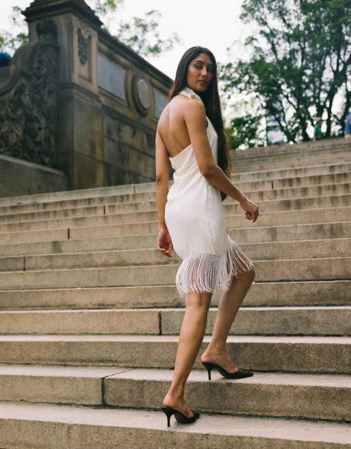 ASOS DESIGN cowl neck fringe detailing satin mini dress in ivory, 2 of 8