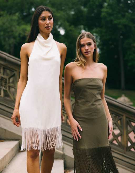 ASOS DESIGN cowl neck fringe detailing satin mini dress in ivory, 3 of 8