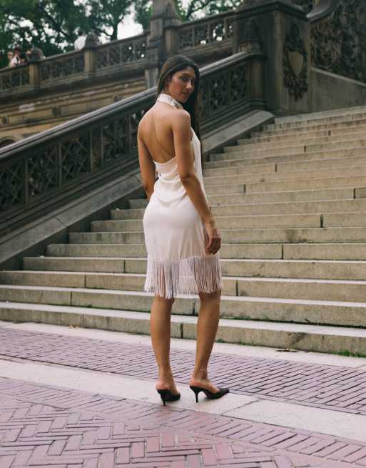 ASOS DESIGN cowl neck fringe detailing satin mini dress in ivory, 4 of 8