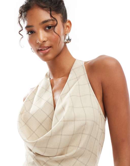 ASOS DESIGN cowl neck halter midi dress with full skirt in check, 3 of 4