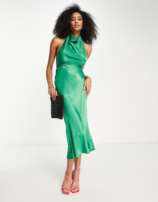 Asos Design Cowl Neck Halter Midi Dress With Tie Wrap Waist In Green Asos 8656