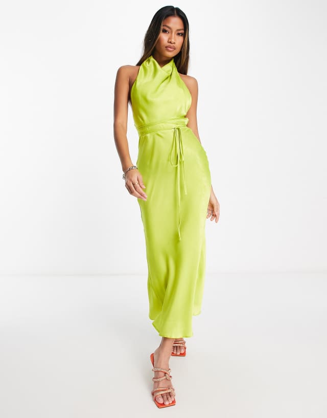 ASOS DESIGN cowl neck halter midi with tie wrap waist in lime