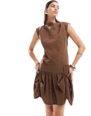 cowl neck hitched hem cupro mini dress in brown