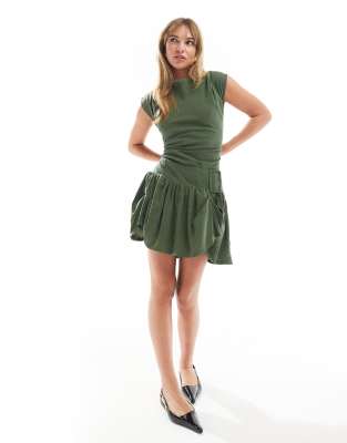 cowl neck hitched hem cupro mini dress in dark green-Multi