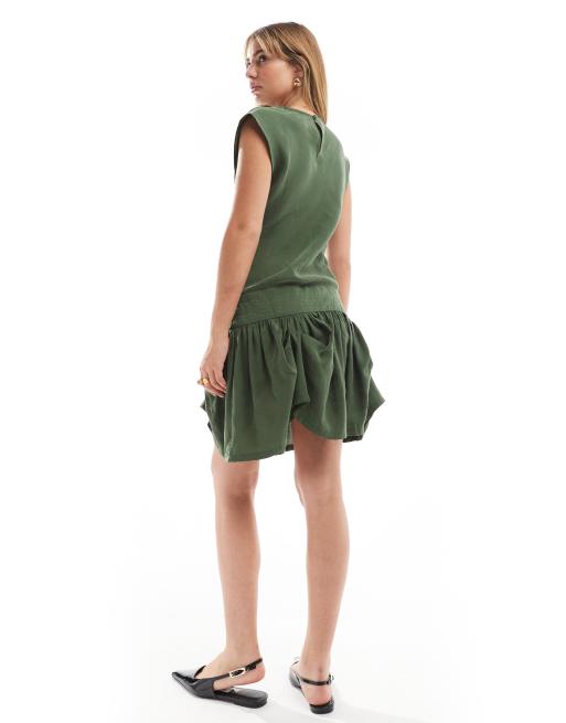 ASOS DESIGN cowl neck hitched hem cupro mini dress in dark green, 4 of 4