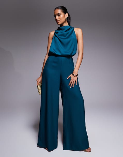 ASOS DESIGN cowl neck jumpsuit with satin bodice in deep teal - view 1