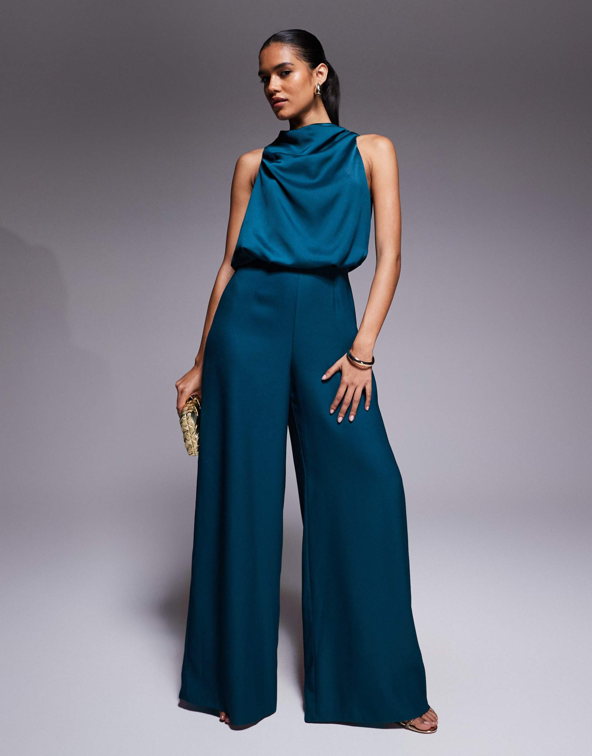 asos design cowl neck jumpsuit with satin bodice in deep teal
