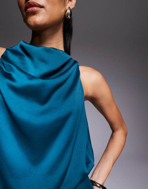 ASOS DESIGN cowl neck jumpsuit with satin bodice in deep teal