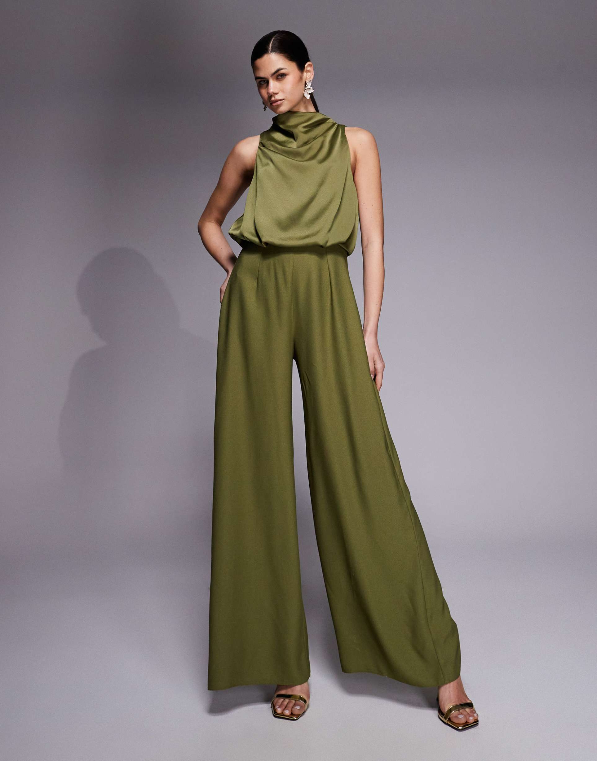 asos design cowl neck jumpsuit with satin bodice in olive green