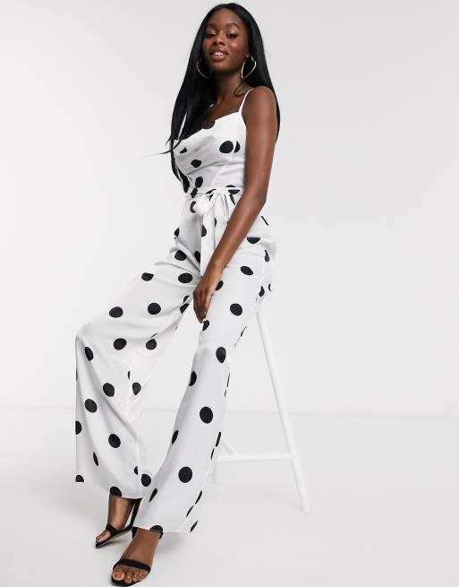 Asos Design Cowl Neck Jumpsuit With Wide Leg In White Polka Dot Asos