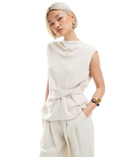 ASOS DESIGN cowl neck linen look sleeveless top with twist waist detail in stone - view 1
