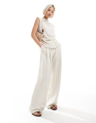 Asos Design Cowl Neck Linen Look Sleeveless Top With Twist Waist Detail In Neutral