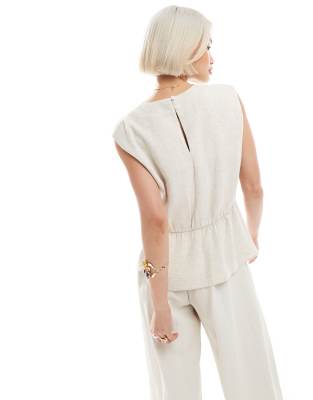ASOS DESIGN cowl neck linen look sleeveless top with twist waist detail in stone