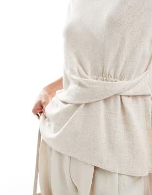 ASOS DESIGN cowl neck linen look sleeveless top with twist waist detail in stone