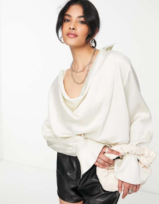 ASOS Long Sleeve Satin Blouse With High Neck And Open Back in Natural