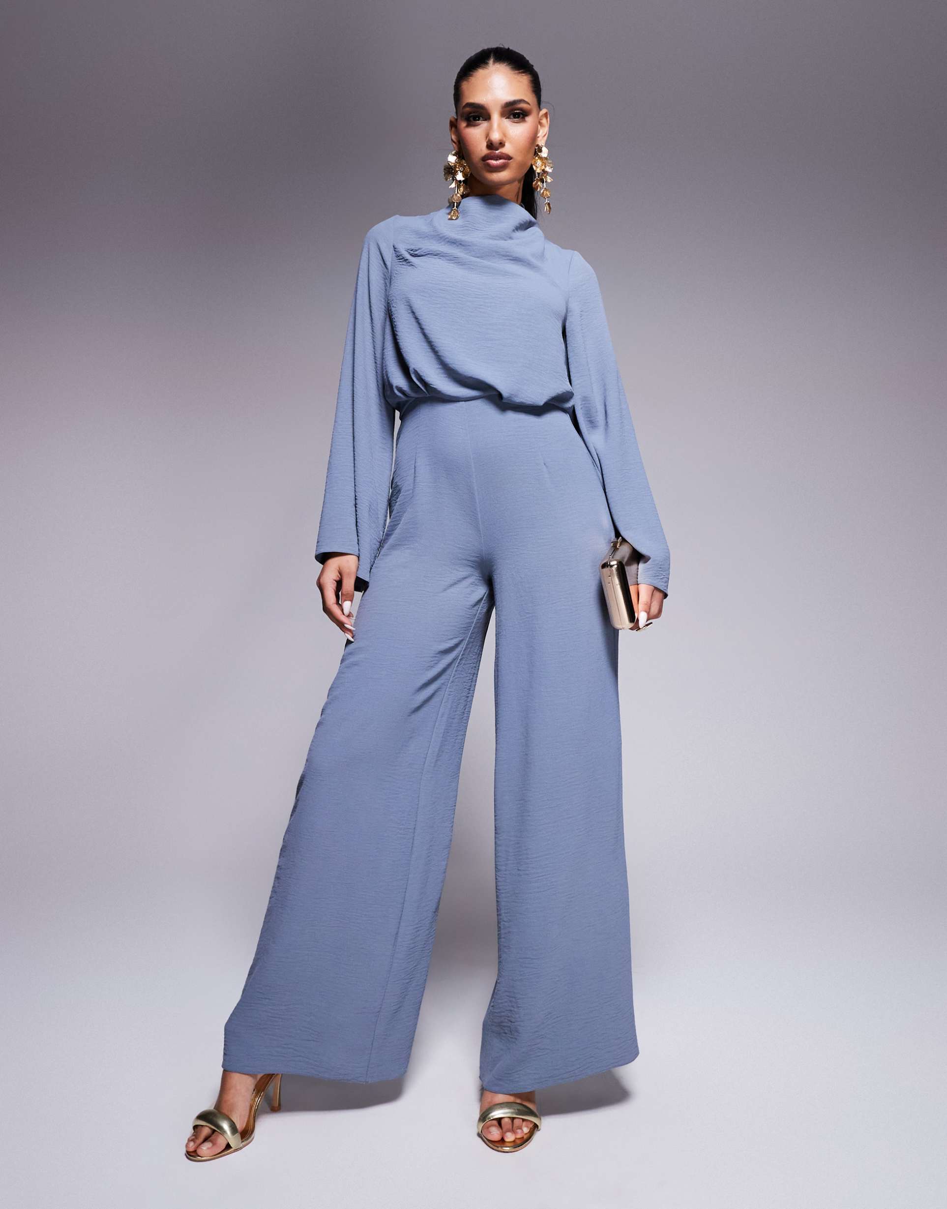 asos design cowl neck long sleeve jumpsuit with open back in dusky blue