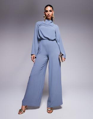 cowl neck long sleeve jumpsuit with open back in smoke-Gray