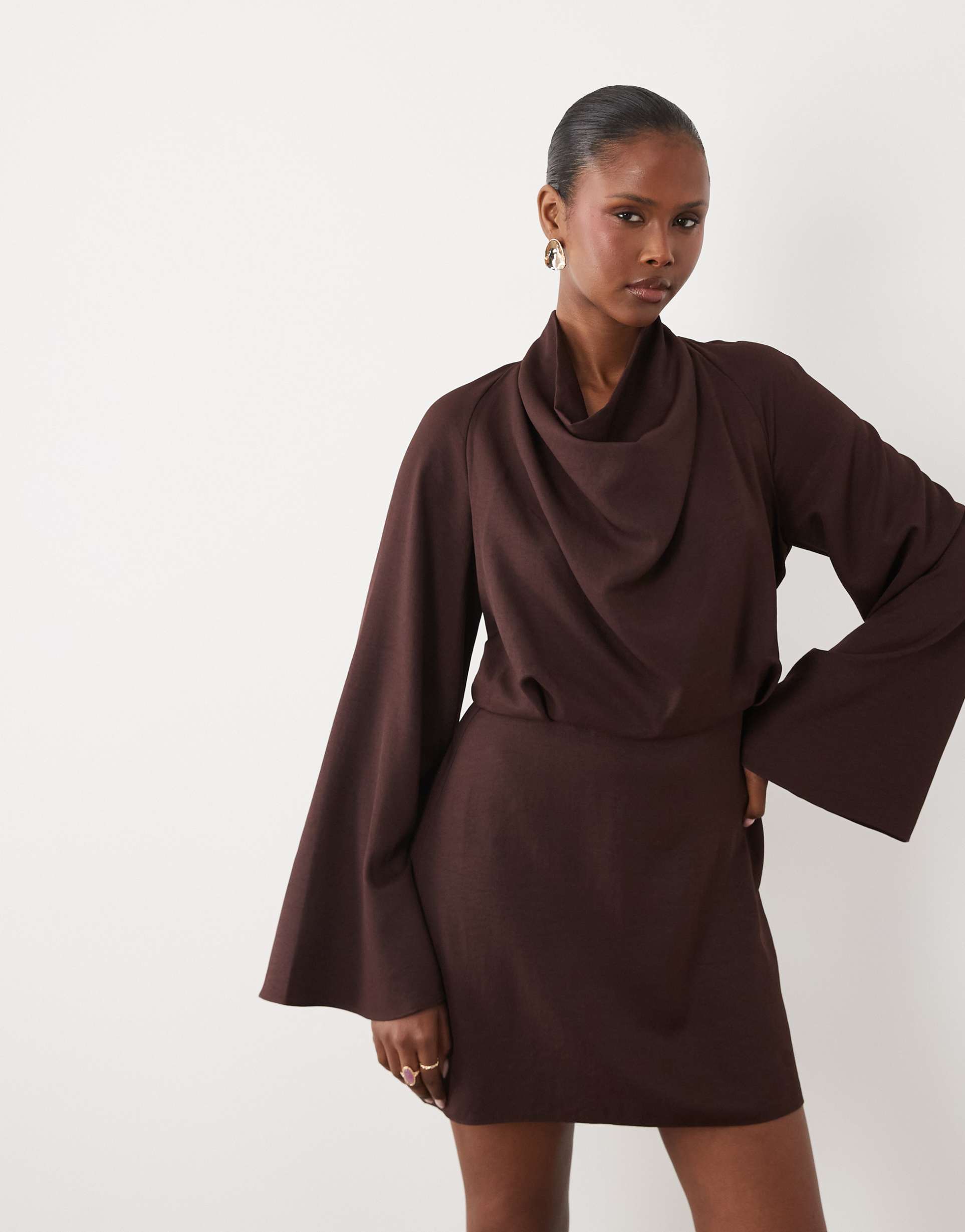 asos design cowl neck long sleeve mini dress in chocolate