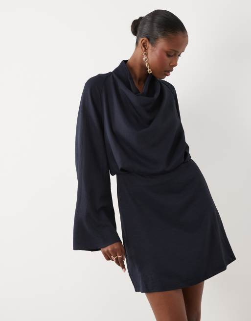 ASOS DESIGN cowl neck long sleeve mini dress in navy, 3 of 4