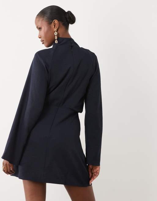 ASOS DESIGN cowl neck long sleeve mini dress in navy, 4 of 4