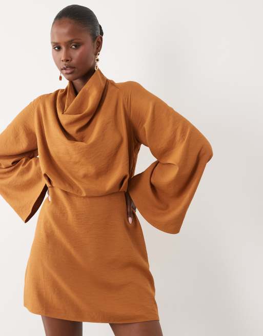 ASOS DESIGN cowl neck long sleeve mini dress in ochre, 3 of 4