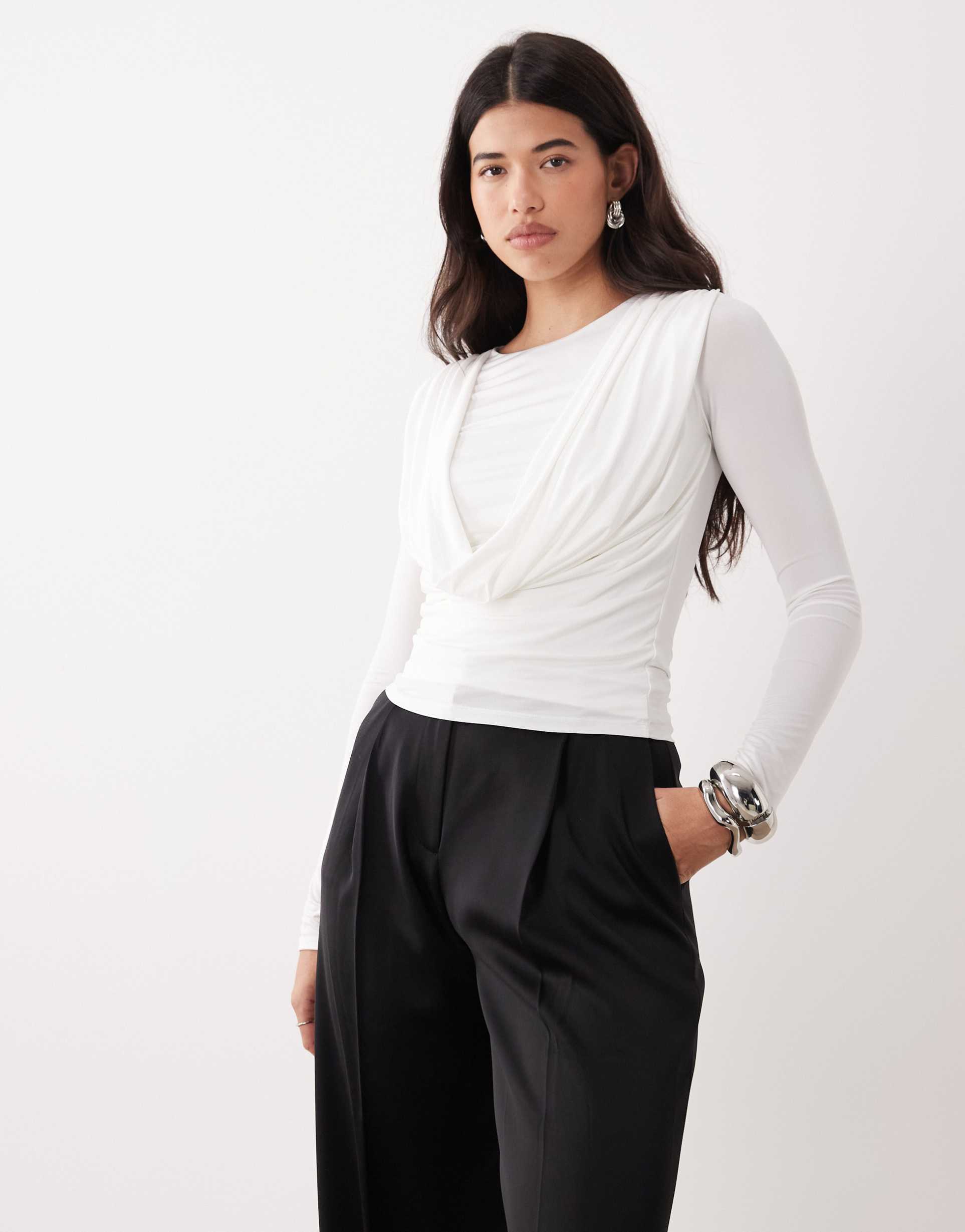 asos design cowl neck long sleeve top in white