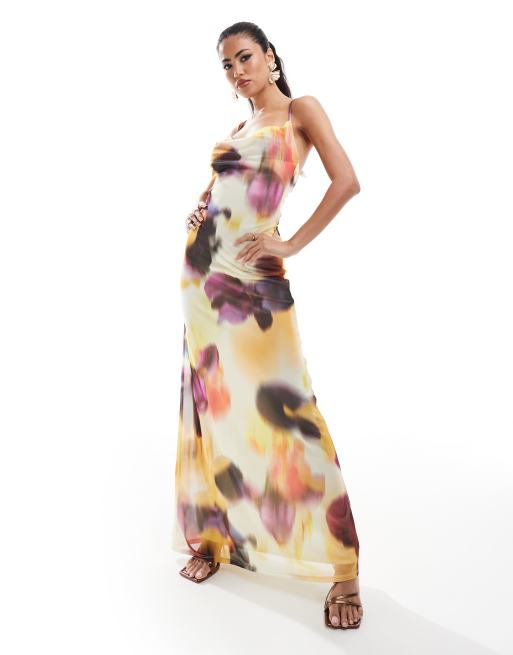 asos yellow floral maxi dress ASOS DESIGN cowl neck maxi dress with cross back detail in yellow floral