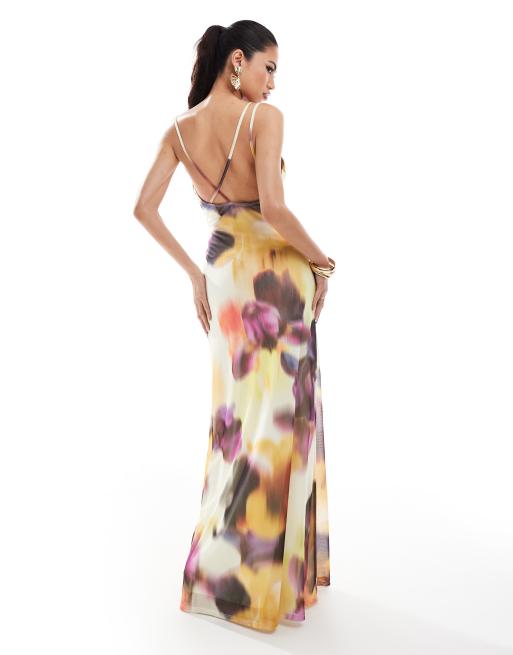 asos yellow floral maxi dress ASOS DESIGN cowl neck maxi dress with cross back detail in yellow floral