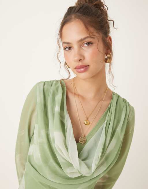 ASOS DESIGN cowl neck maxi dress with godet hem in blurred green print, 2 of 4