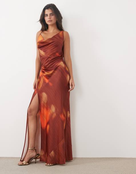 ASOS DESIGN cowl neck maxi dress with pleat detail in rust abstract print - view 1