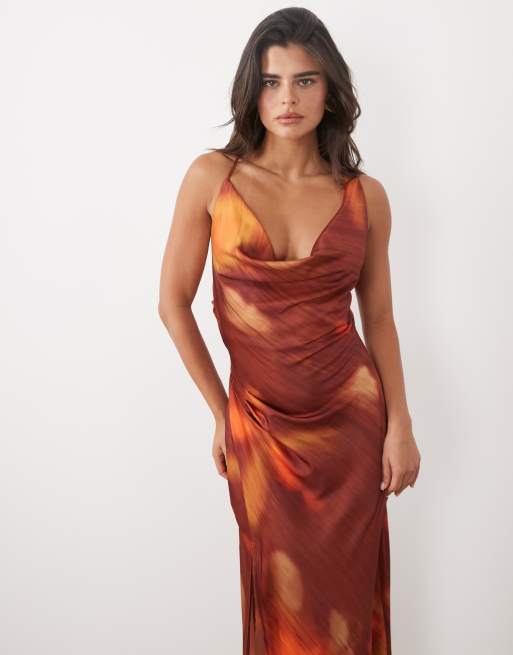 ASOS DESIGN cowl neck maxi dress with pleat detail in rust abstract print, 2 of 4