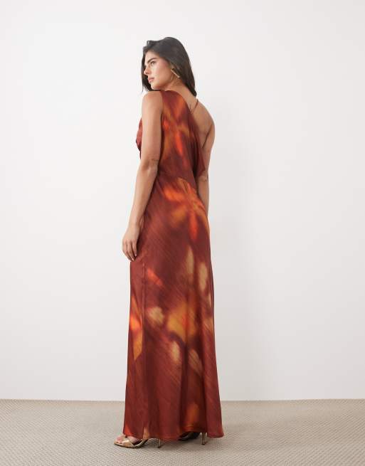 ASOS DESIGN cowl neck maxi dress with pleat detail in rust abstract print, 4 of 4