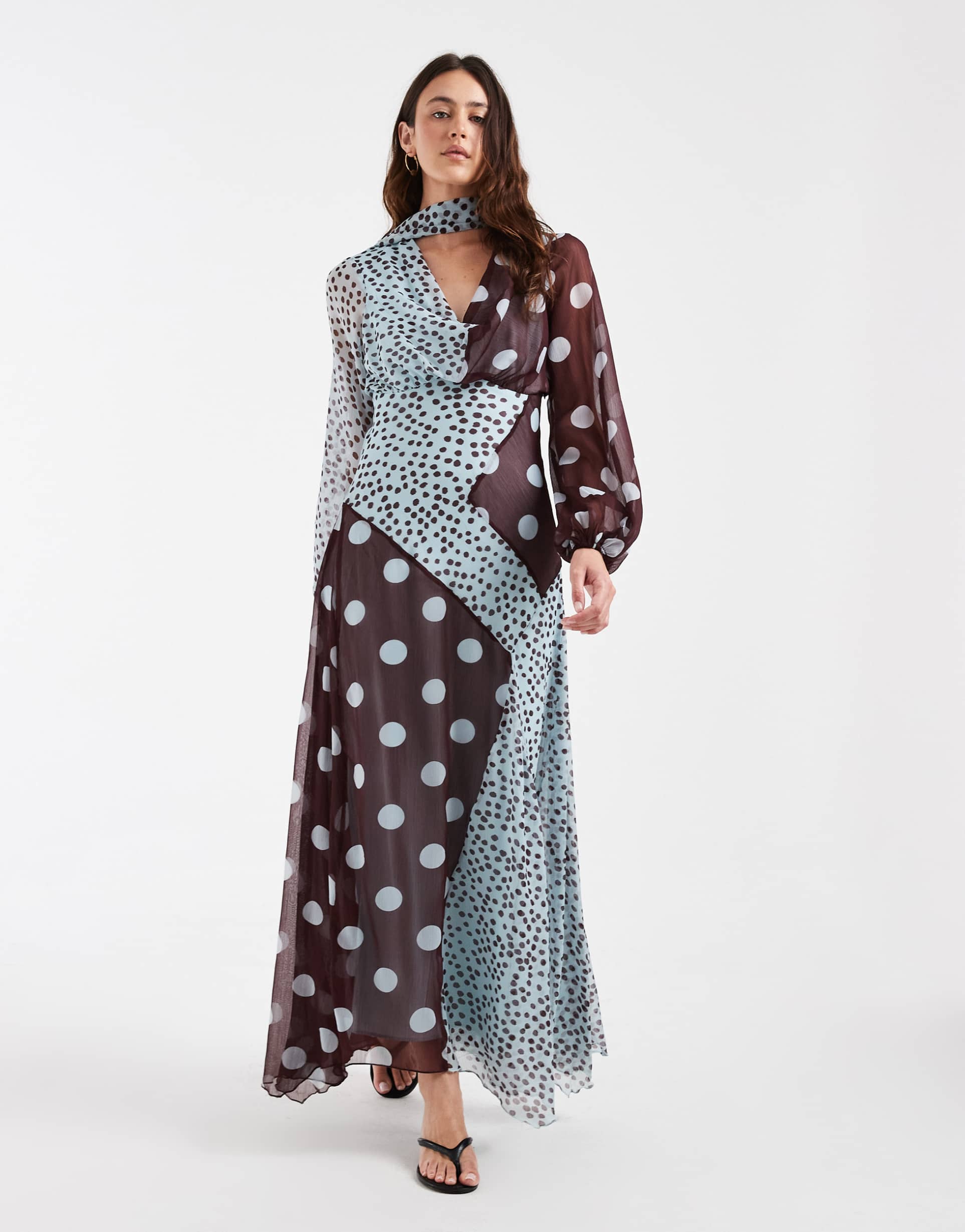 asos design cowl neck maxi dress with scarf detail in blue polka-dot prints