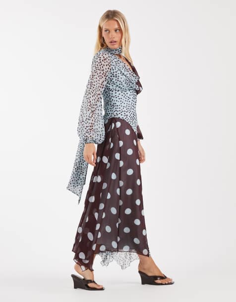 ASOS DESIGN cowl neck maxi dress with scarf detail in blue spot print - view 1