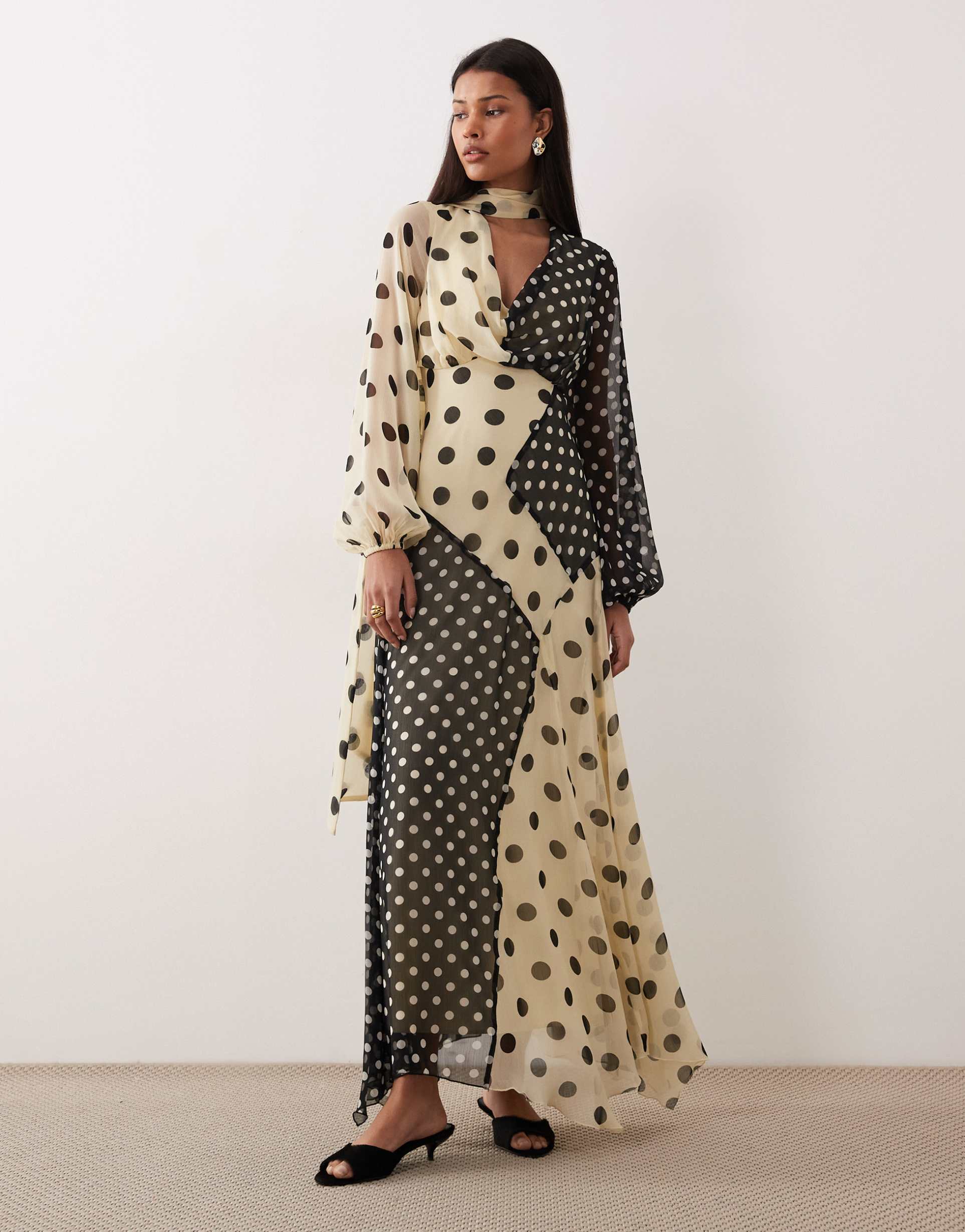 asos design cowl neck maxi dress with scarf detail in multi polka dot print