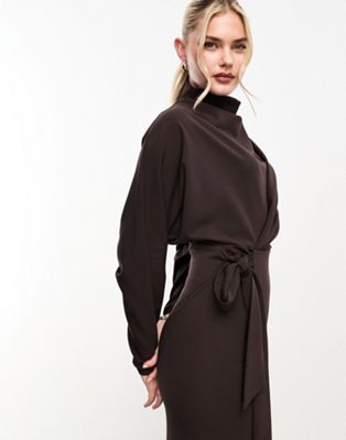ASOS DESIGN cowl neck maxi dress with wrap skirt and tie belt in brown