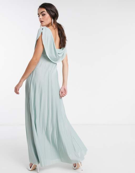 Asos Design Cowl Neck Maxi Pleated Dress In Light Sage Asos