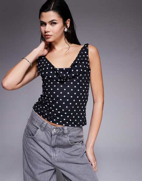 ASOS DESIGN cowl neck mesh top in black polka dot - view 1