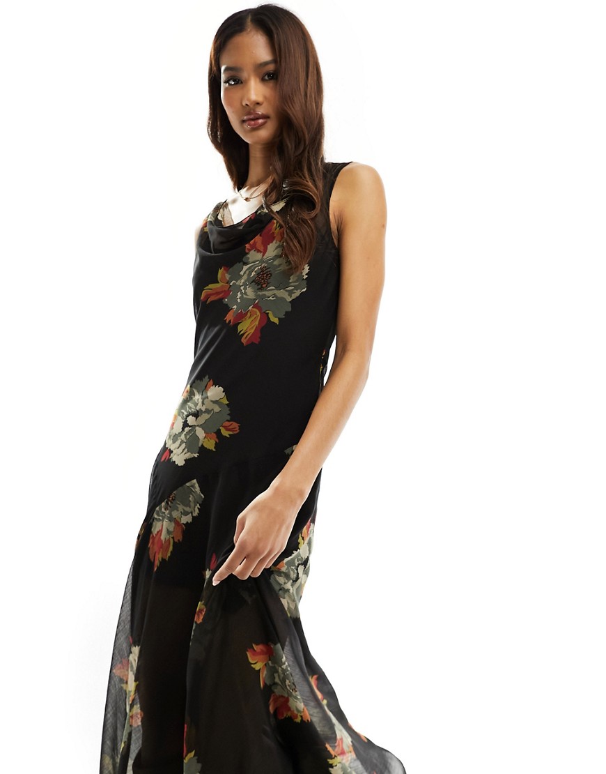 ASOS DESIGN cowl neck midi dress in vintage floral print-Multi