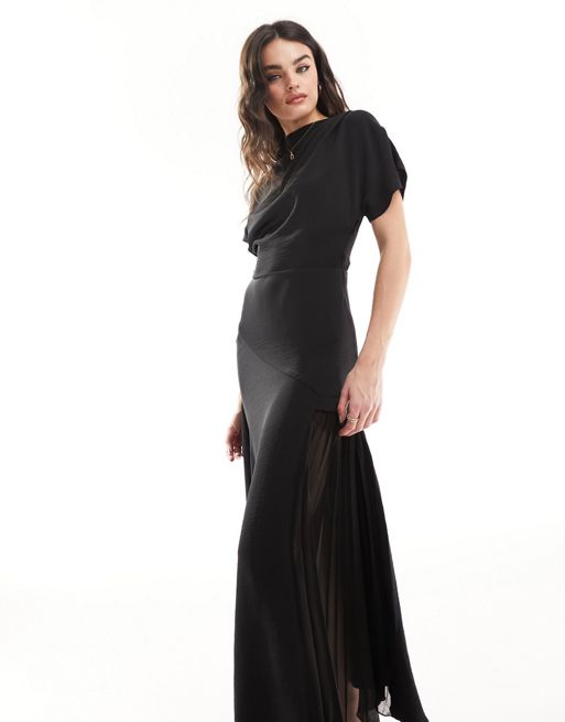 ASOS DESIGN cowl neck midi dress with asymmetric pleat hem in black | ASOS