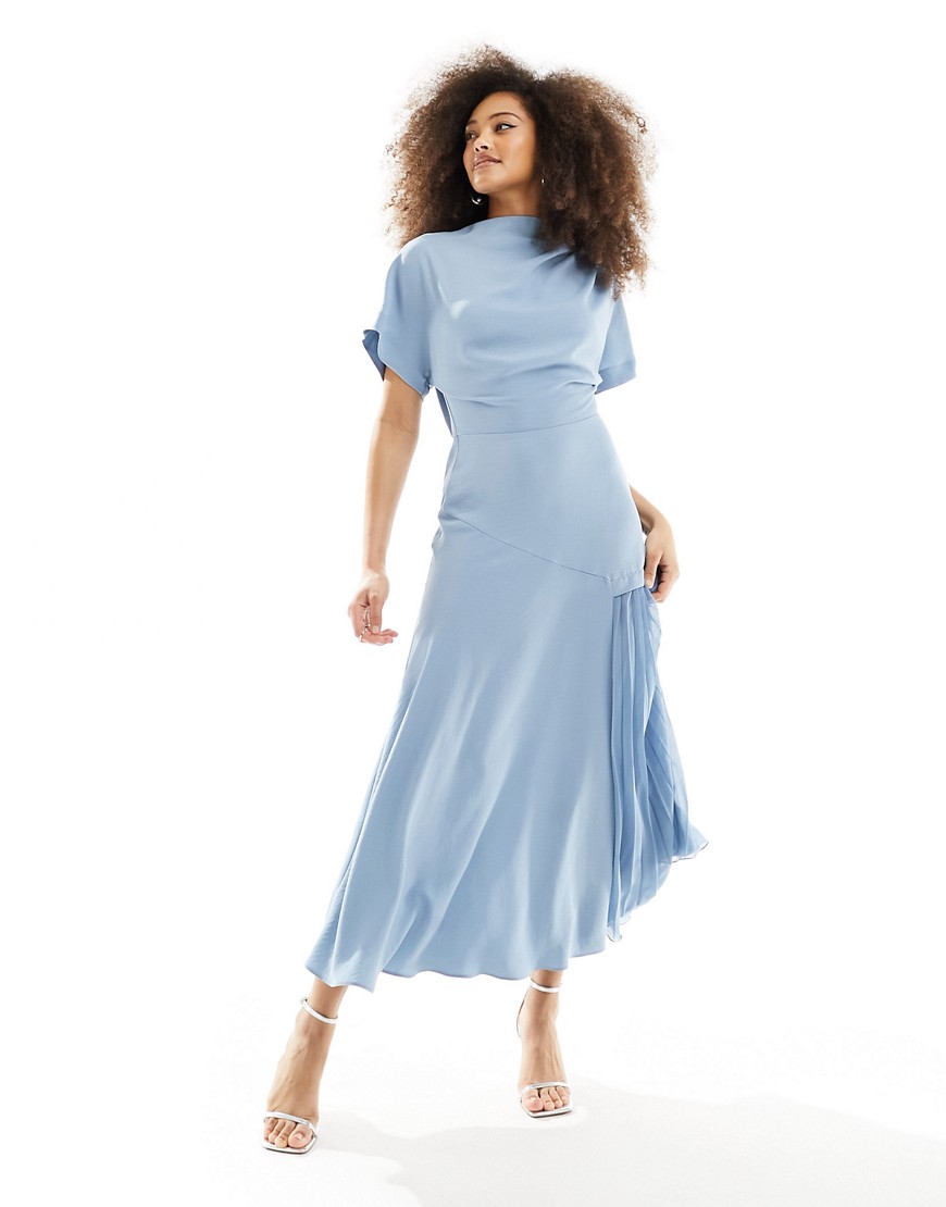 Asos Design Cowl Neck Midi Dress With Asymmetric Pleat Hem In Denim Blue