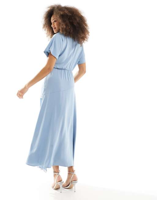 ASOS DESIGN cowl neck midi dress with asymmetric pleat hem in denim blue