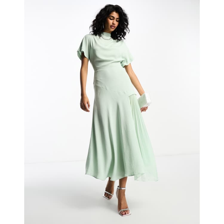 ASOS DESIGN cowl neck midi dress with asymmetric pleat hem in sage green |  ASOS