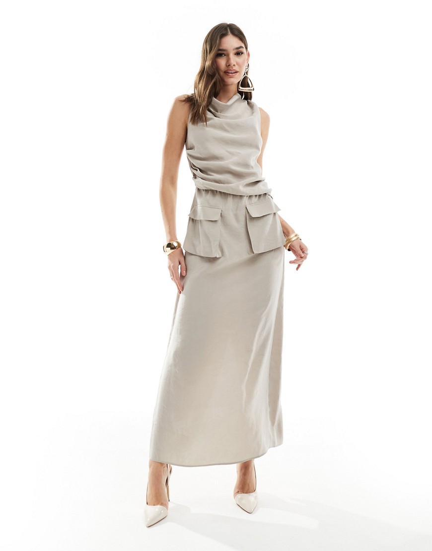 Asos Design Cowl Neck Midi Dress With Pocket Detail In Stone-neutral