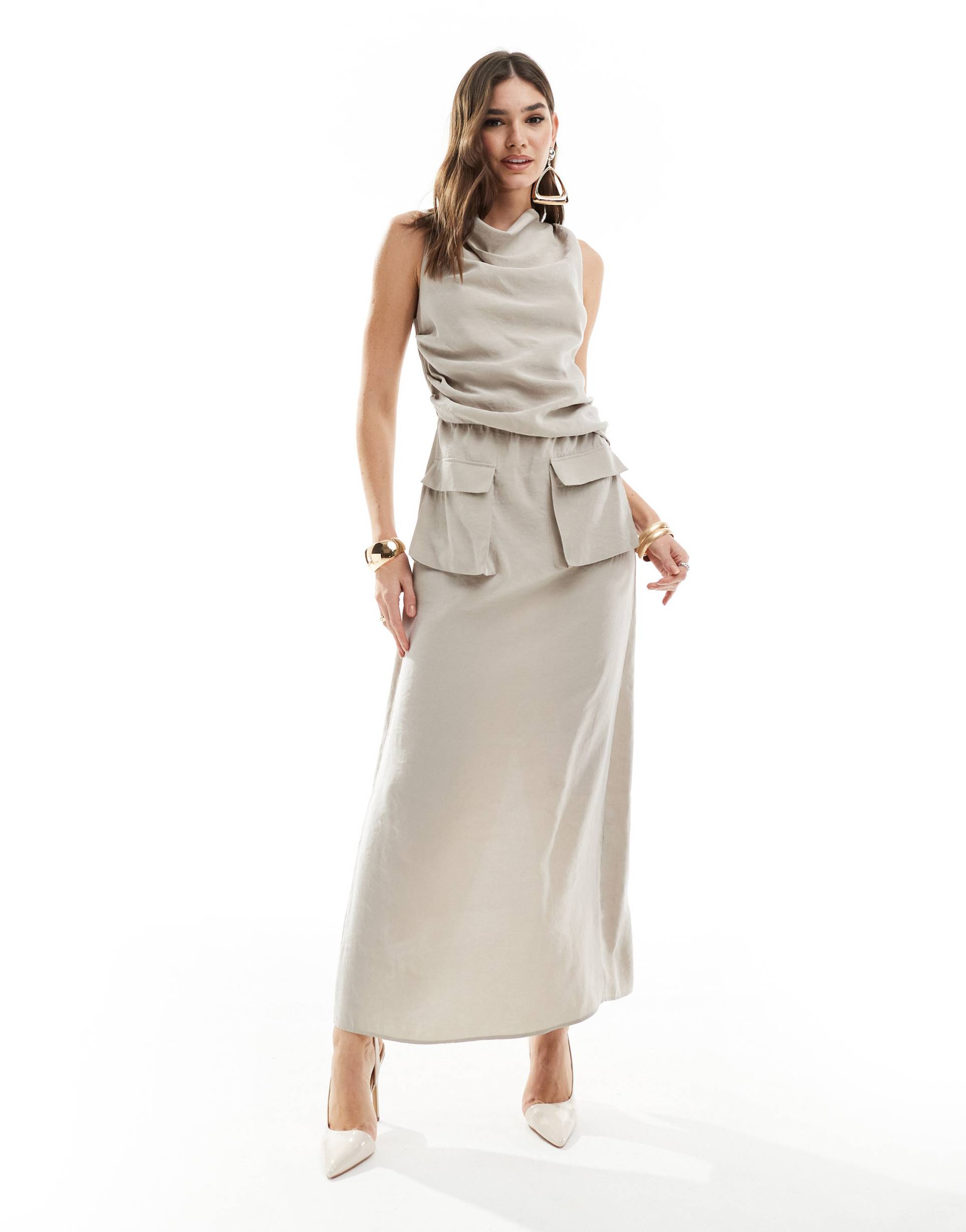 asos design cowl neck midi dress with pocket detail in stone