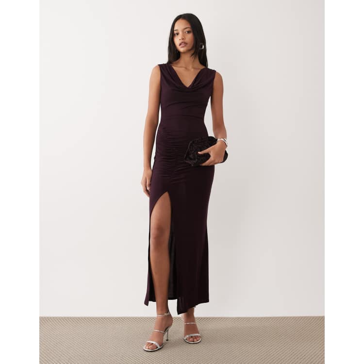 cowl neck ruched bodycon midi dress HJYCHN Elegant Women's Satin Spaghetti Strap Cowl Neck Ruched Bodycon Midi  Dress with High Slit for formal Occasions Pink M