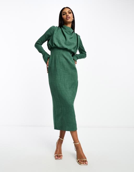 ASOS DESIGN cowl neck midi dress with split cuff in dark green | ASOS