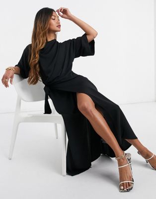 ASOS DESIGN cowl-neck midi dress with wrap skirt in black | ASOS